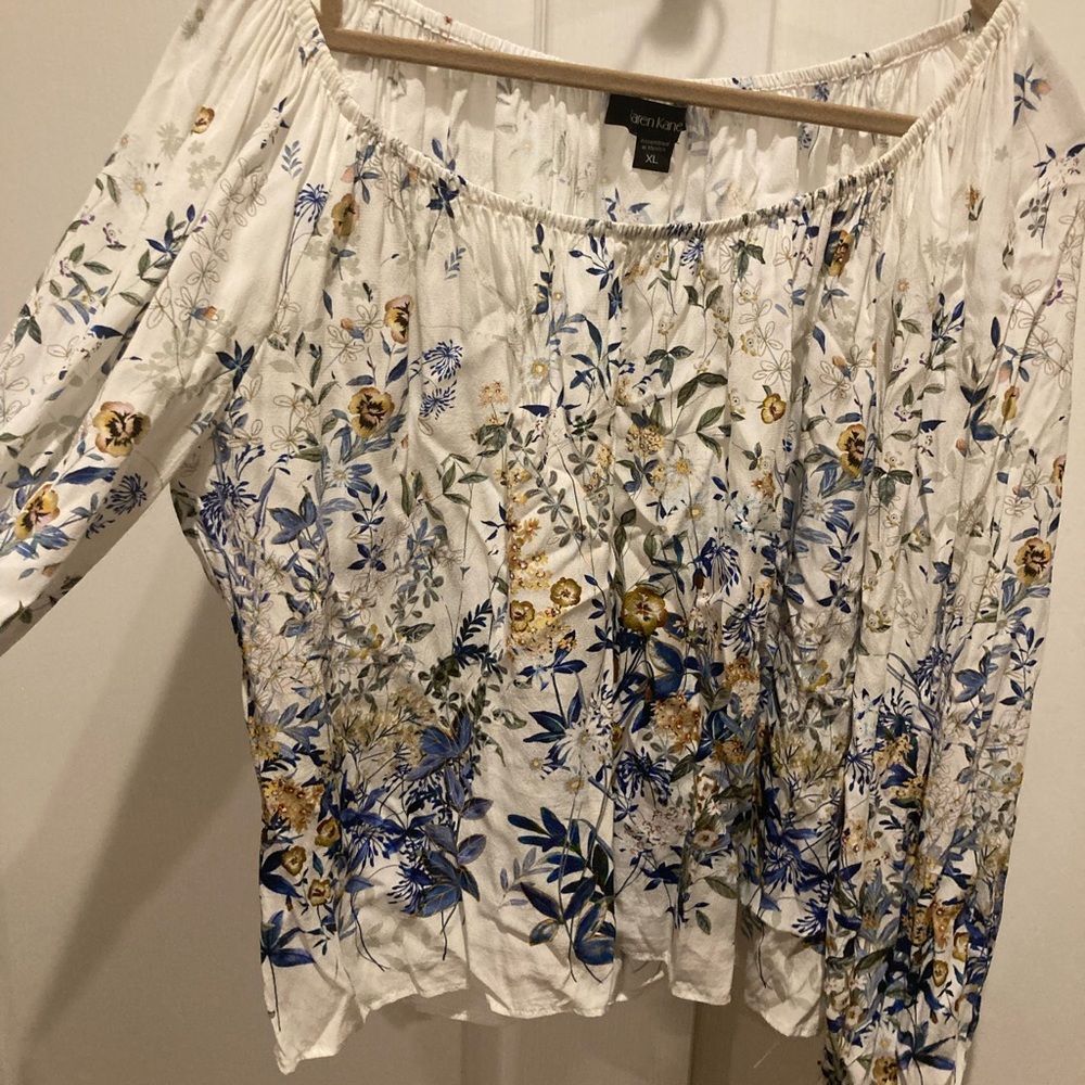 Karen Kane Costa Palmas Blue floral border print peasant top Size XL